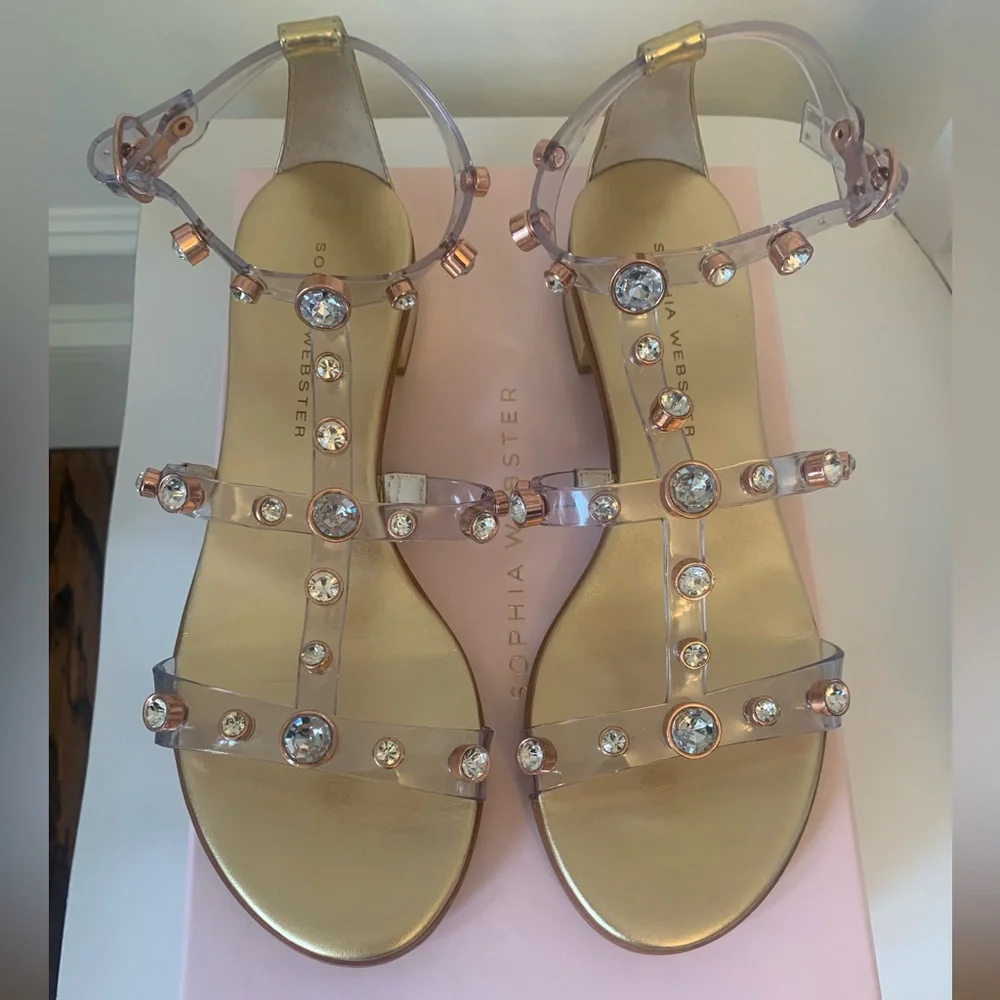 Sophia Webster Dina Flat Sandal Gold Silver rhinestone jelly Sz 39 NEW w/ box - Picture 6 of 16